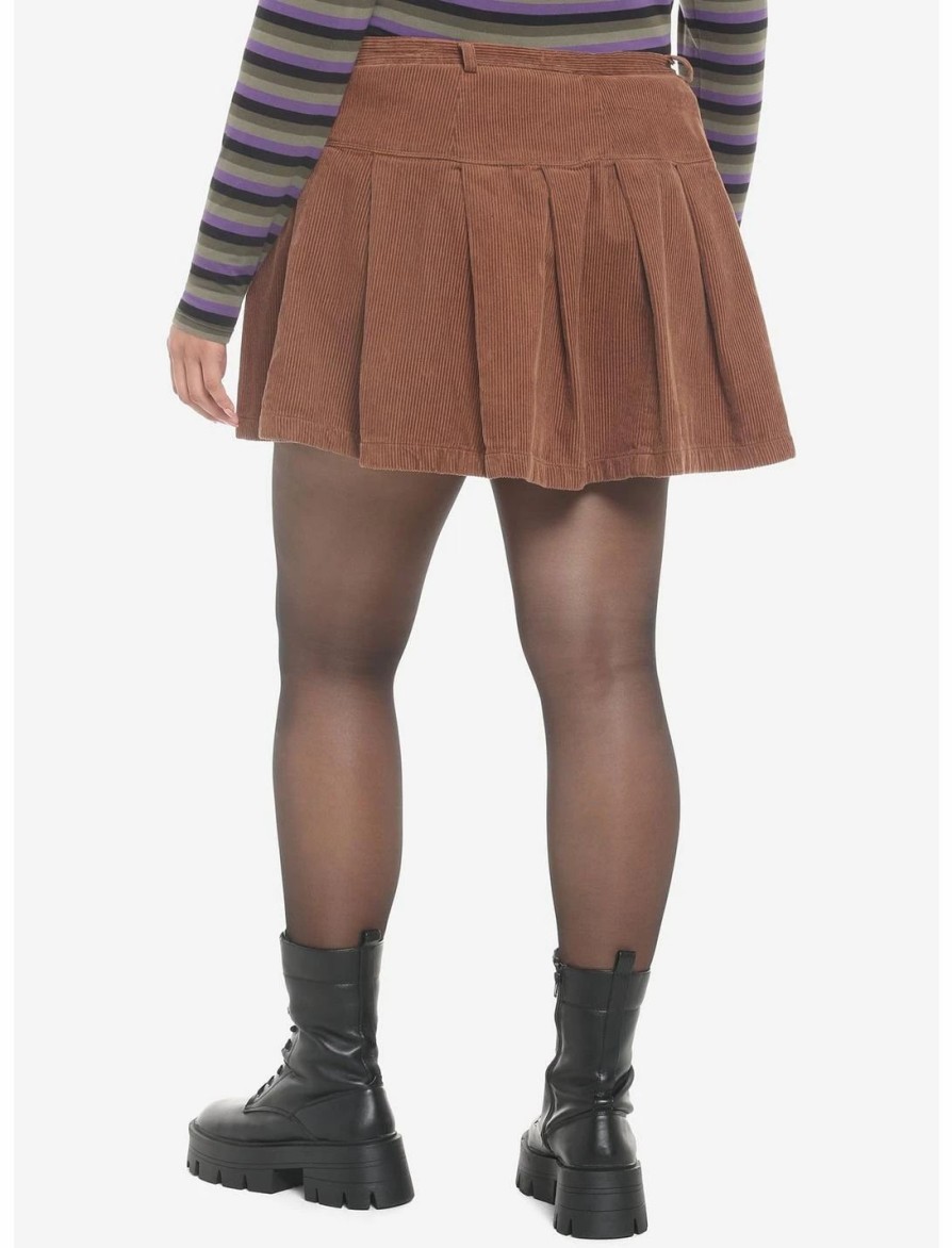 Bottoms * | Hunivers Brown Corduroy Pleated Mini Skirt Plus Size