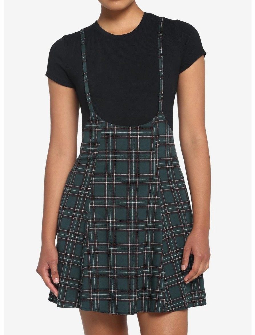 Bottoms * | Hunivers Green Plaid High-Waisted Suspender Skirt