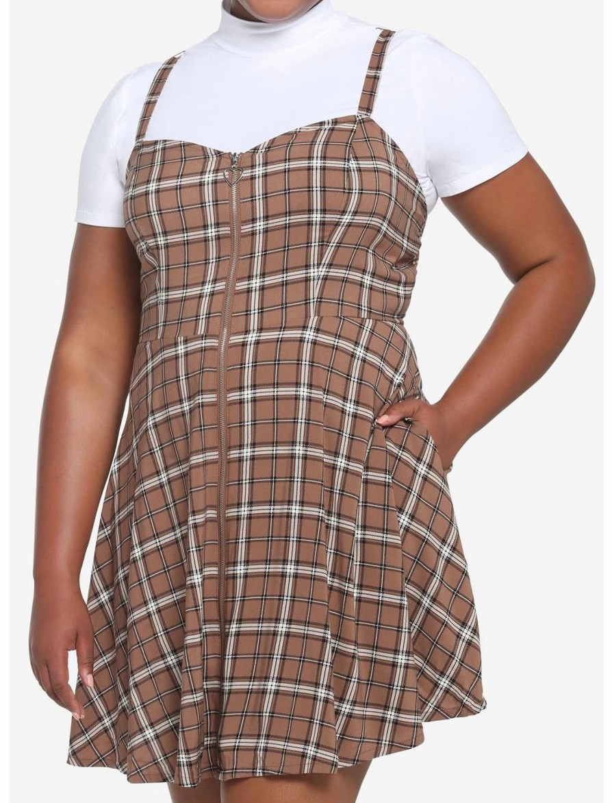 Dresses * | Hunivers Brown Plaid Twofer Dress Plus Size