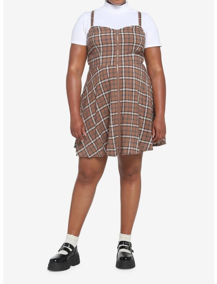 Dresses * | Hunivers Brown Plaid Twofer Dress Plus Size