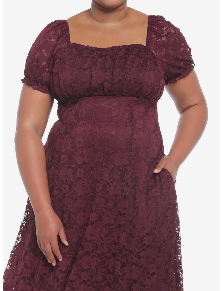 Dresses * | Null Burgundy Floral Lace Midi Dress Plus Size