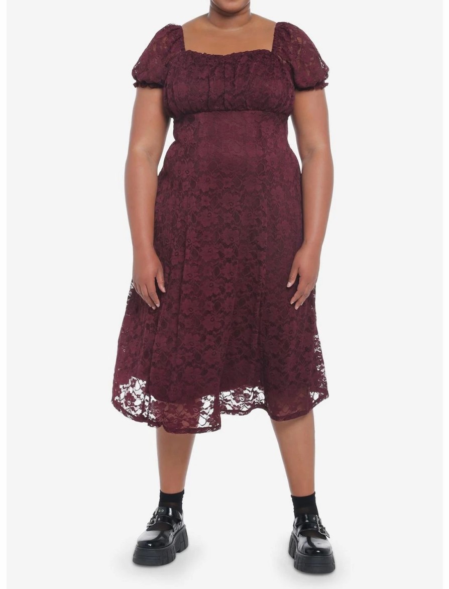 Dresses * | Null Burgundy Floral Lace Midi Dress Plus Size