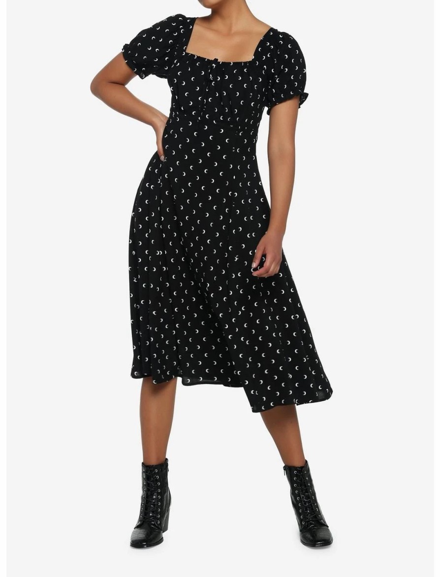 Dresses * | Null Black Crescent Moon Puff Sleeve Midi Dress