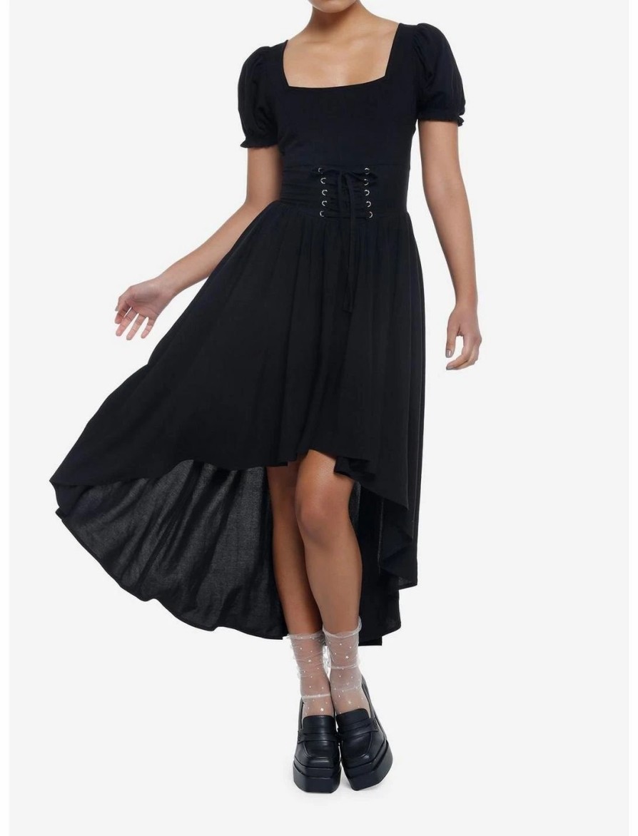 Dresses * | Null Black Babydoll Lace-Up Midi Dress