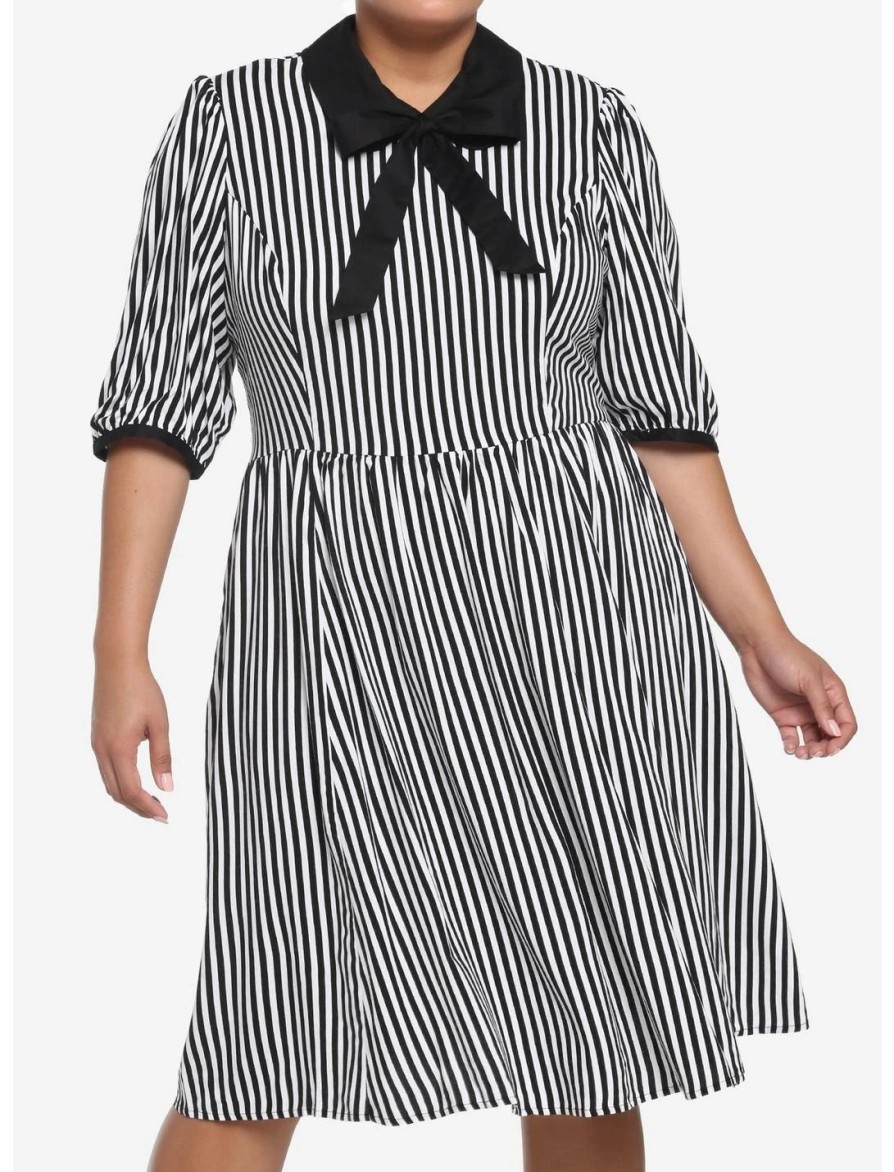 Dresses * | Hunivers Black & White Stripe Bow Retro Dress Plus Size