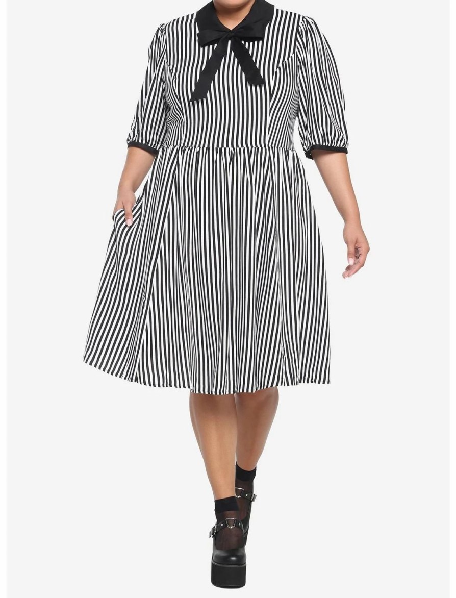 Dresses * | Hunivers Black & White Stripe Bow Retro Dress Plus Size