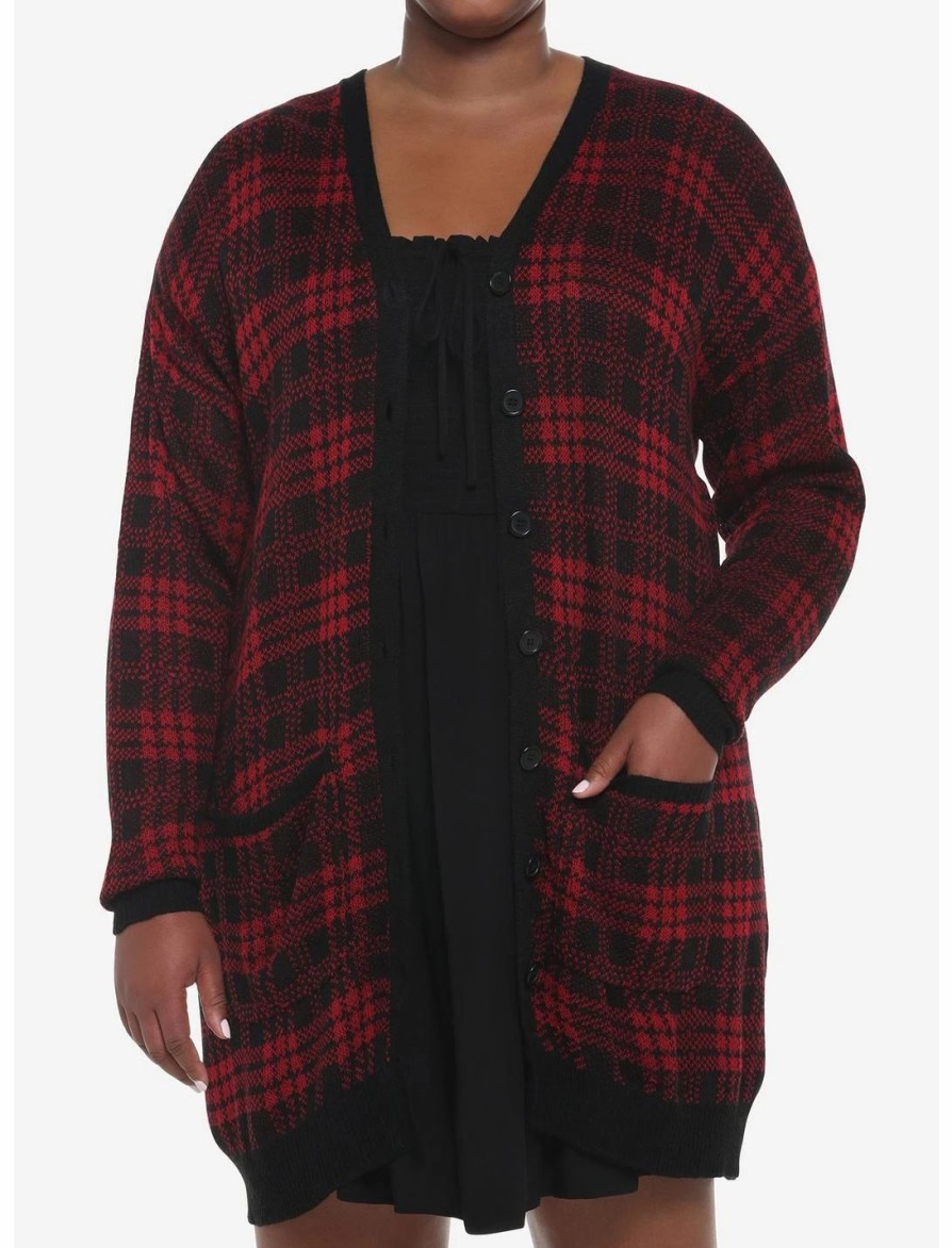 Sweaters And Cardigans * | Hunivers Red & Black Plaid Oversized Cardigan Plus Size