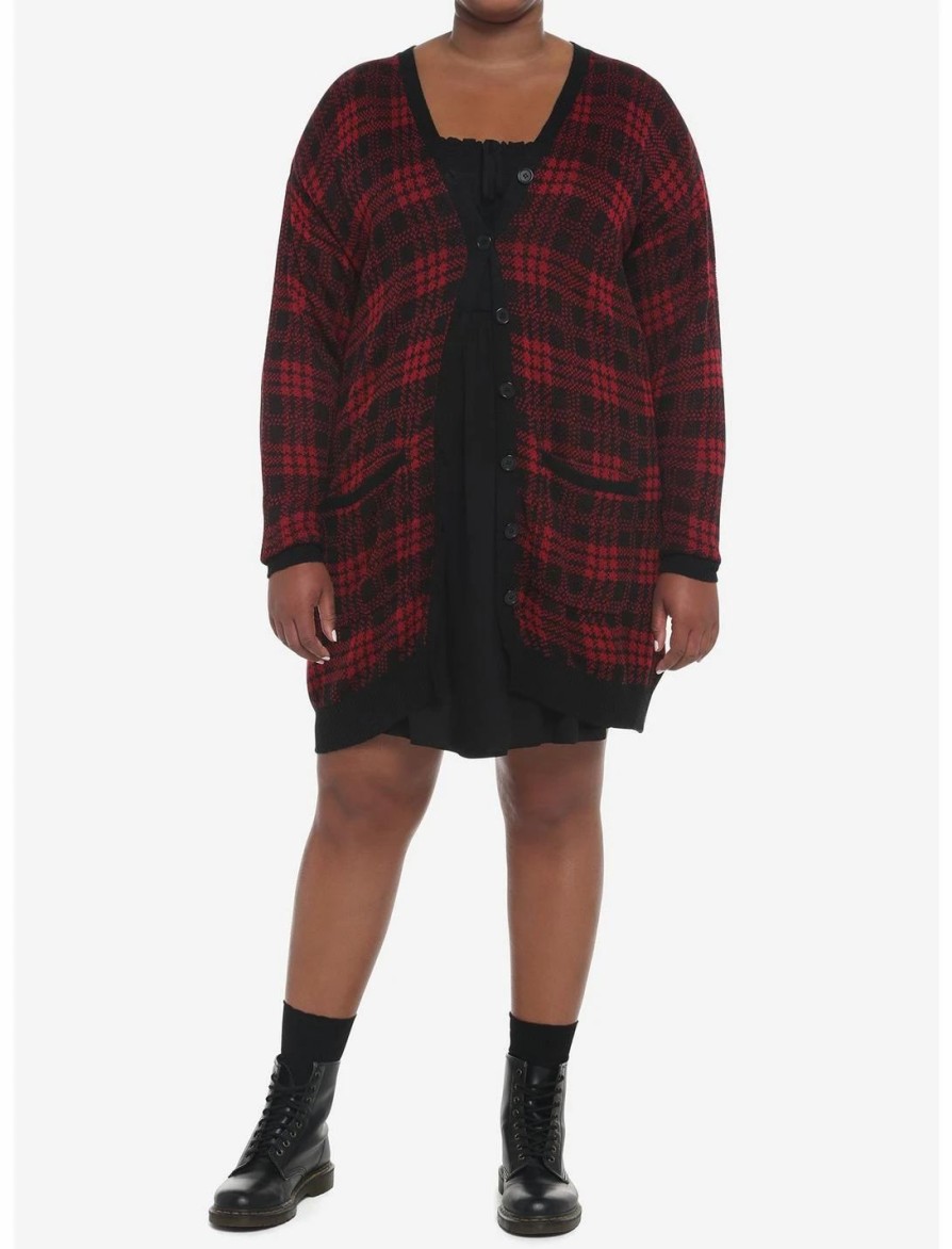 Sweaters And Cardigans * | Hunivers Red & Black Plaid Oversized Cardigan Plus Size