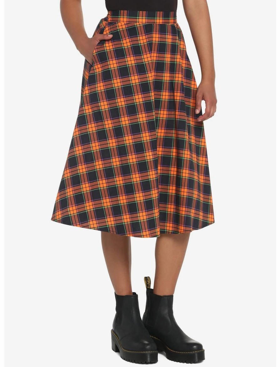 Bottoms * | Hunivers Orange & Black Plaid Retro Midi Skirt