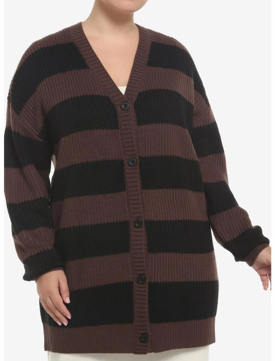 Sweaters And Cardigans * | Hunivers Black & Brown Stripe Oversize Cardigan Plus Size