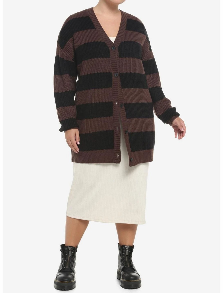 Sweaters And Cardigans * | Hunivers Black & Brown Stripe Oversize Cardigan Plus Size