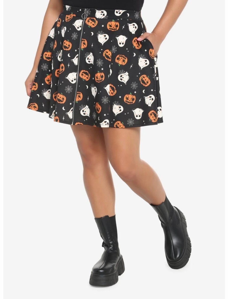 Bottoms * | Hunivers Pumpkin Ghost & Web Zipper Skirt Plus Size