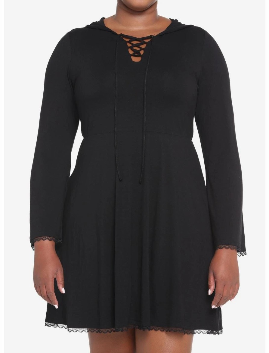 Dresses * | Hunivers Black Lace-Up Front Hooded Dress Plus Size