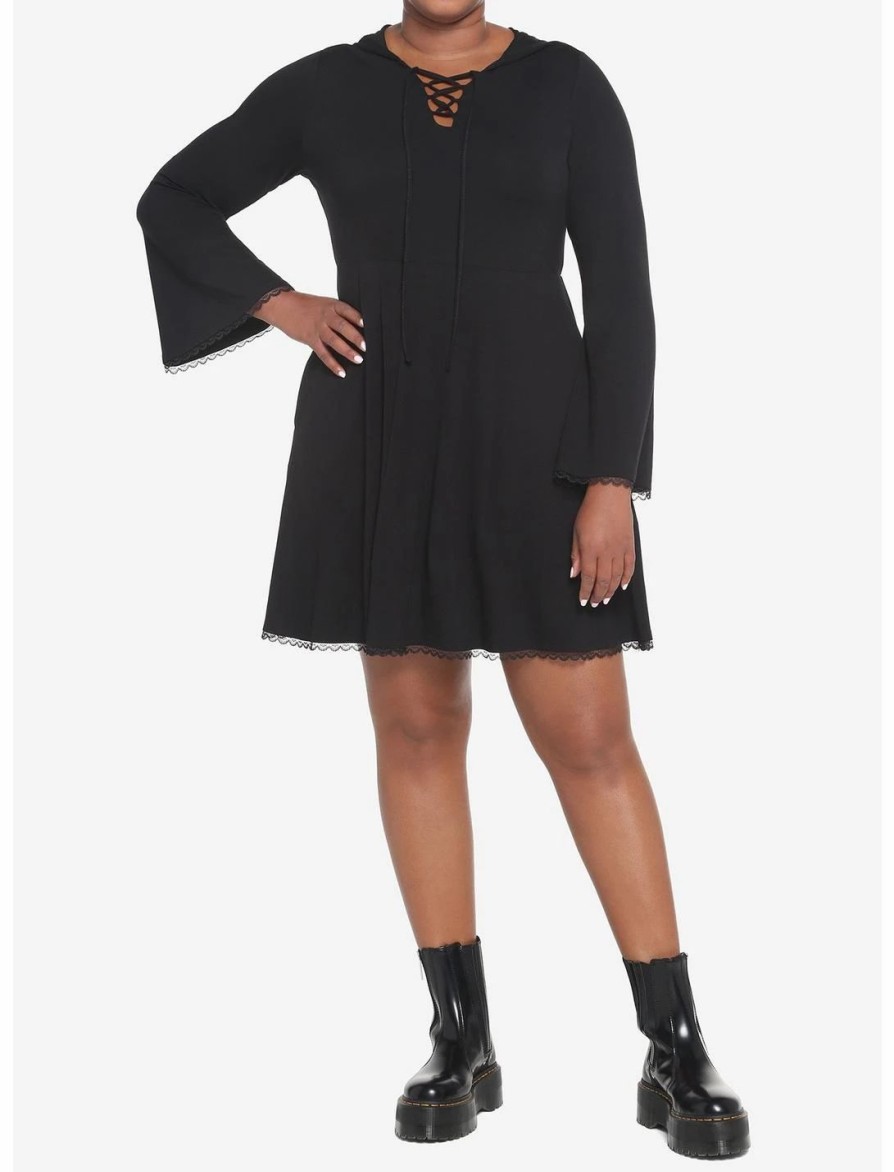 Dresses * | Hunivers Black Lace-Up Front Hooded Dress Plus Size