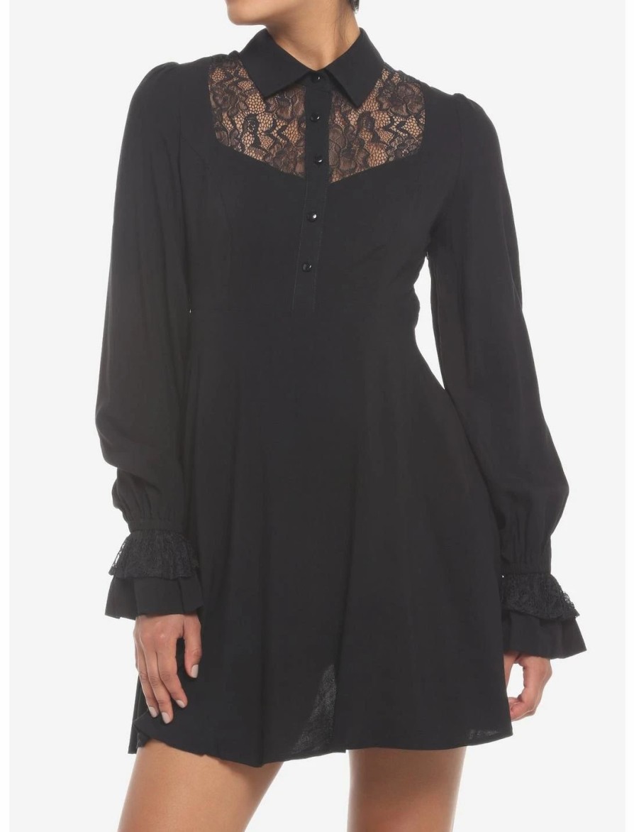 Dresses * | Hunivers Black Lace Collared Dress