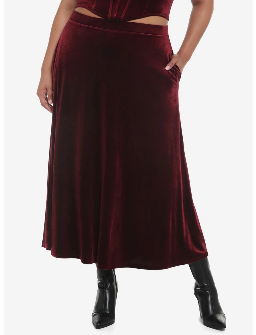 Bottoms * | Hunivers Burgundy Velvet Maxi Skirt Plus Size