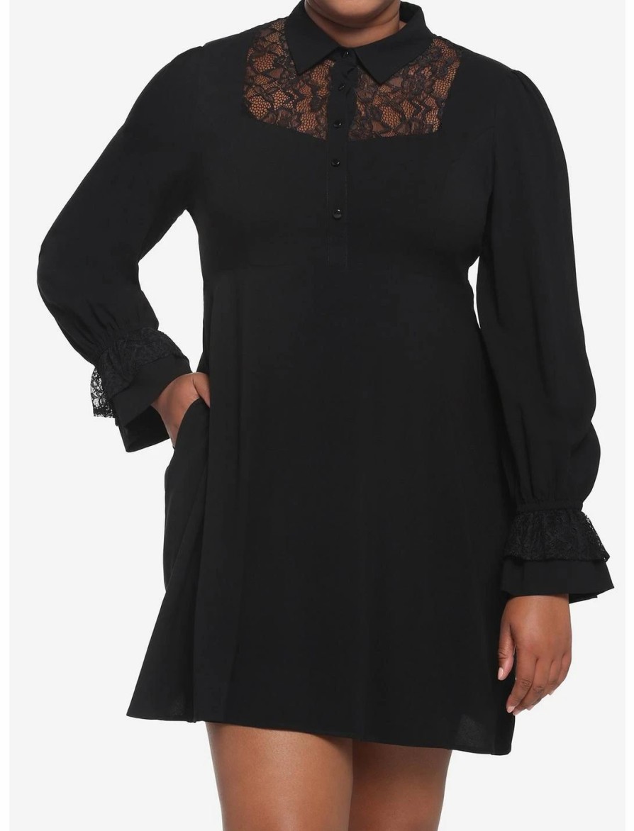 Dresses * | Hunivers Black Lace Collared Dress Plus Size