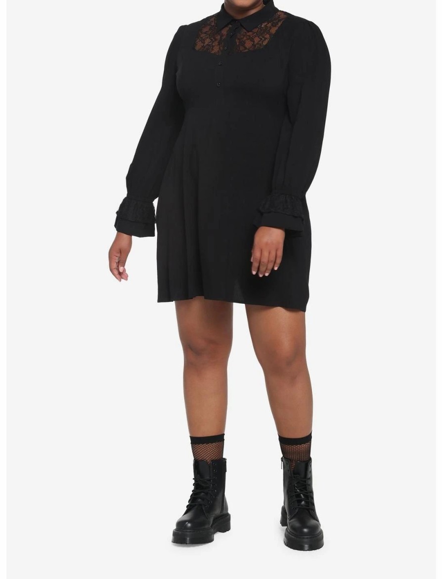 Dresses * | Hunivers Black Lace Collared Dress Plus Size