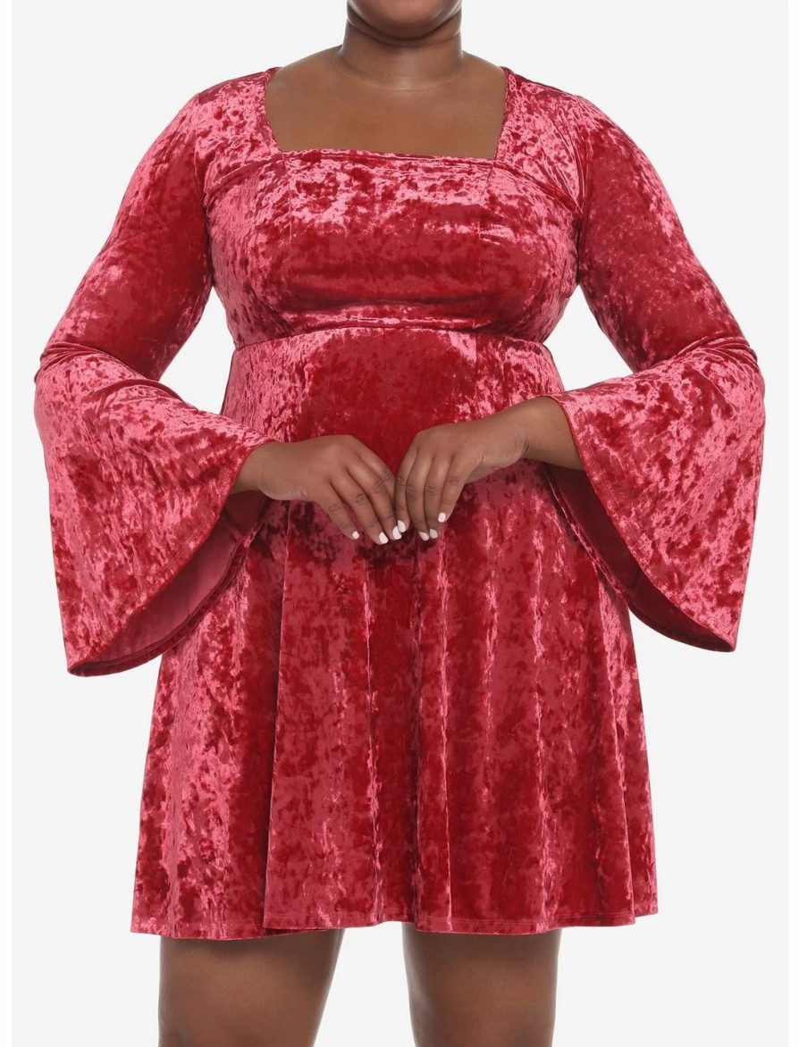 Dresses * | Null Red Crushed Velvet Bell Sleeve Mini Dress Plus Size