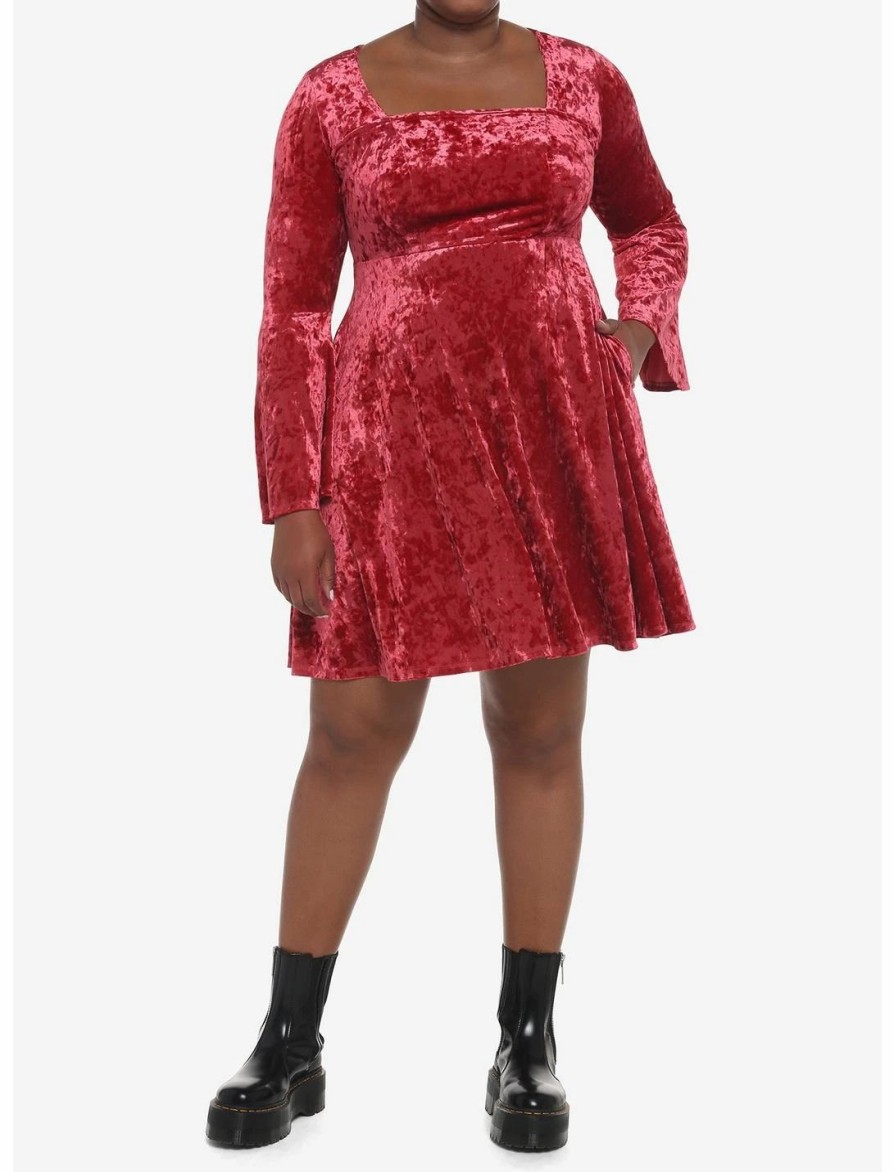 Dresses * | Null Red Crushed Velvet Bell Sleeve Mini Dress Plus Size